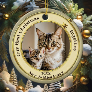 Ornamento De Cerâmica Foto Verde Ouro Primeiro Natal Juntos Gato