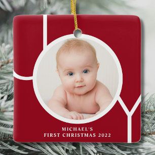 Ornamento De Cerâmica Foto Vermelha do Primeiro Natal do Bebê Personaliz