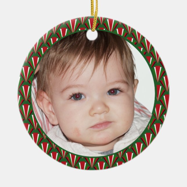 Ornamento De Cerâmica Foto vermelho, verde e branco (Frente)