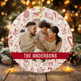 Ornamento De Cerâmica Fotografia da Família Doodle Natal Vermelho
