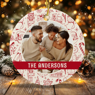 Ornamento De Cerâmica Fotografia da Família Doodle Natal Vermelho