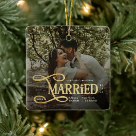 Ornamento De Cerâmica Fotomínima do Primeiro Natal de Casais Casados