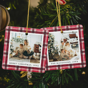 Ornamento De Cerâmica Fotos de Família em Xadrez Vermelho de Natal Cláss