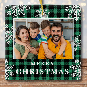 Ornamento De Cerâmica Fotos de família no Natal em Xadrez Verde com Floc