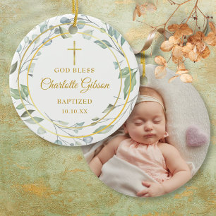 Ornamento De Cerâmica Fotos Personalizadas de Batismo Menino Menina Verd