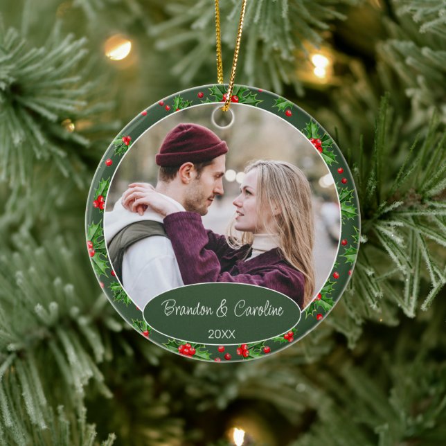 Ornamento De Cerâmica Fotos Personalizadas de Casal no Primeiro Natal co (Árvore)