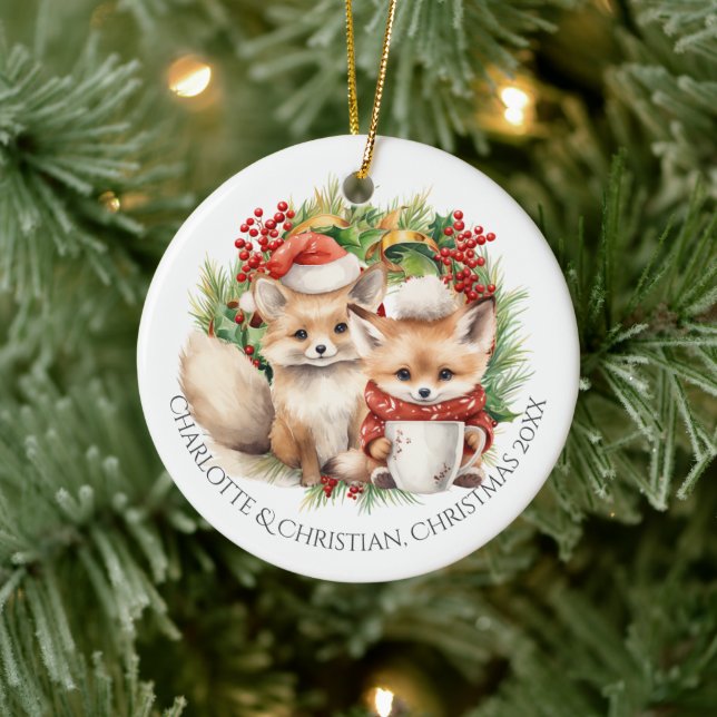 Ornamento De Cerâmica Fox Casal Winter Wreath Christmas Personalizado (Árvore)