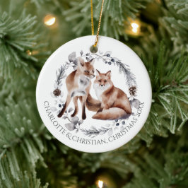 Ornamento De Cerâmica Fox Casal Winter Wreath Christmas Personalizado