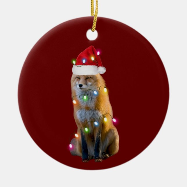 Ornamento De Cerâmica Fox com Luz de Chapéu Natal (Frente)