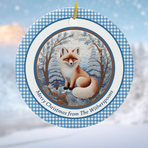 Ornamento De Cerâmica Fox e Gingham encantando Natal personalizado