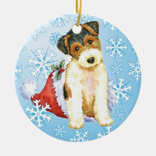 Ornamento De Cerâmica Fox feliz Terrier do fio de Howliday (Frente)