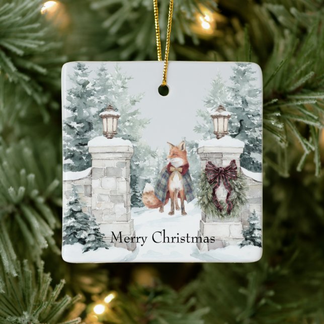 Ornamento De Cerâmica Fox Green Coat Snow Christmas (Árvore)