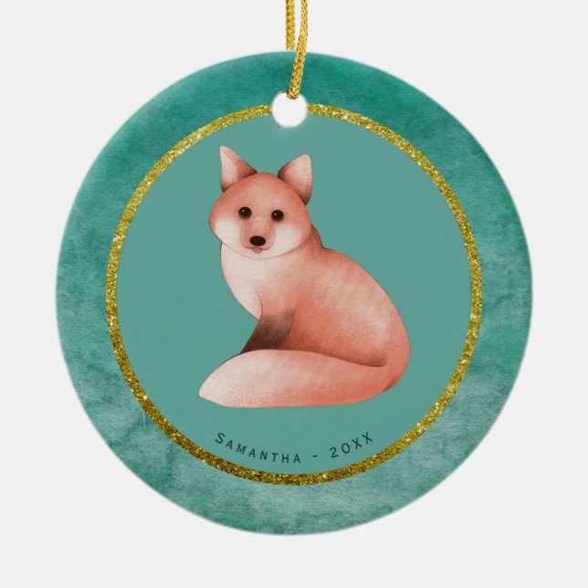 Ornamento De Cerâmica Fox Personalizada de Natal Dourada Verde Data (Frente)