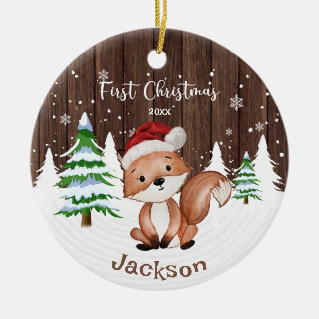 Ornamento De Cerâmica Fox Personalizada do Bebê Primeiro Natal (Frente)