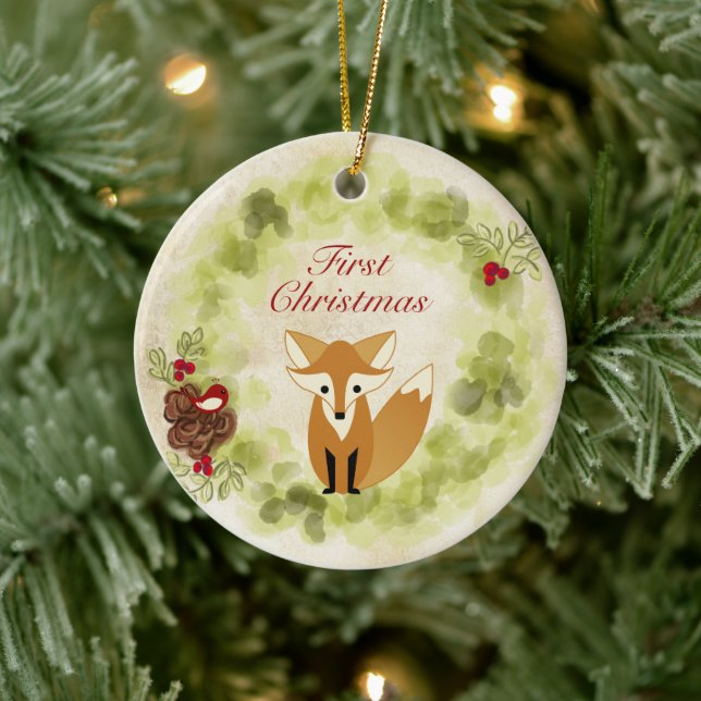 Ornamento De Cerâmica Fox Personalizada e Wreath Baby Primeiro Natal (Árvore)
