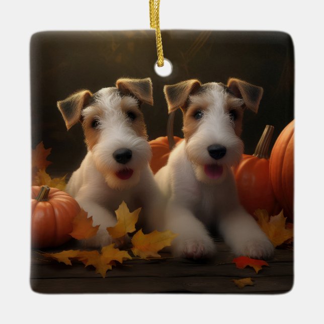 Ornamento De Cerâmica Fox Terrier Puppy Autumn Delight Pumpkin (Frente)