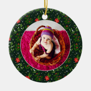 Ornamento De Cerâmica Frame Floral Verde Nome de Natal do Bebê