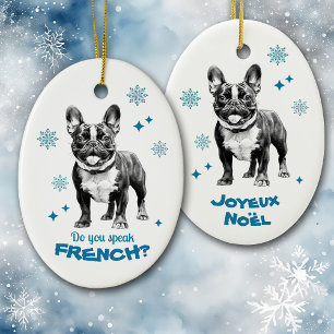 Ornamento De Cerâmica Francês Buldogue Azul Joyeux Noel