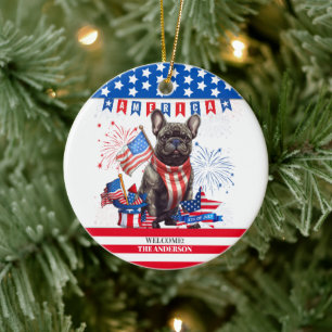 Ornamento De Cerâmica Francês Bulldog Feliz 4 De Julho, América Patrióti