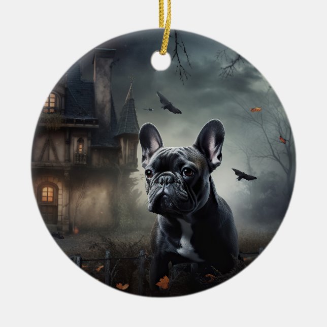 Ornamento De Cerâmica Francês Bulldog Halloween Scary (Frente)