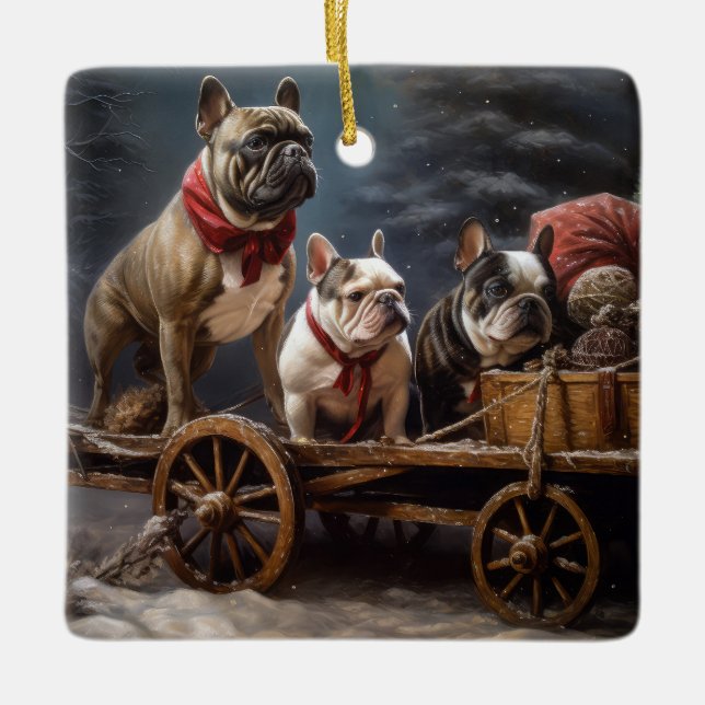 Ornamento De Cerâmica Francês Bulldog Snowy Sleigh Decência de Natal (Frente)
