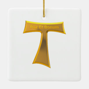 Ornamento De Cerâmica Franciscan Tau Cross Pax Et Bonum Dourado Metálic