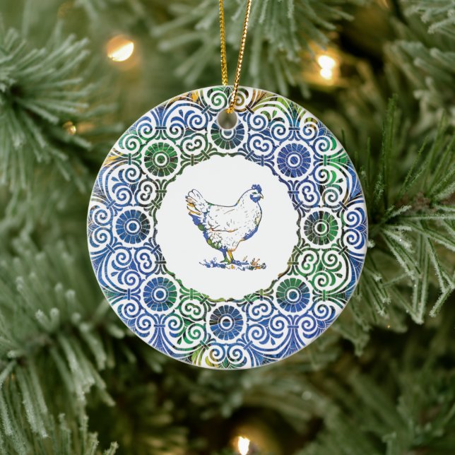 Ornamento De Cerâmica Frango Frilly em Azul e Verde (Árvore)