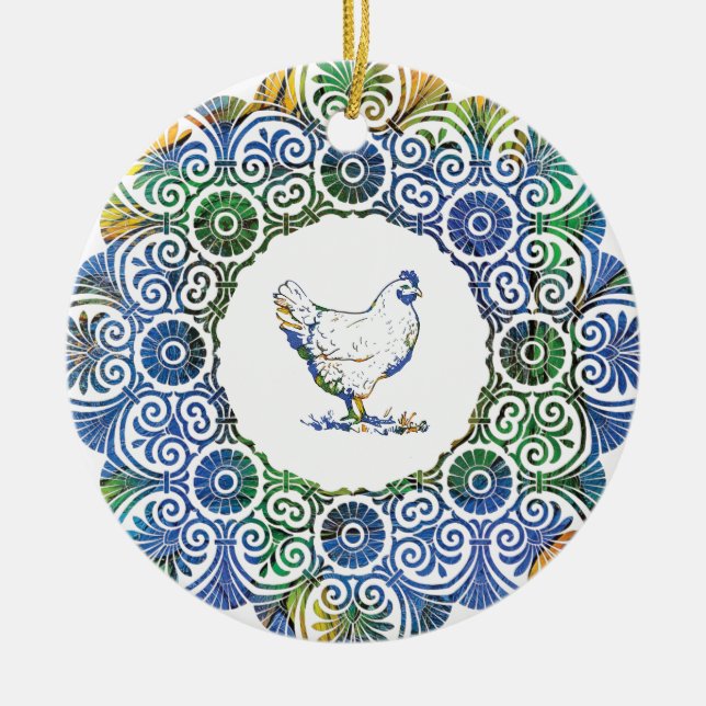 Ornamento De Cerâmica Frango Frilly em Azul e Verde (Frente)