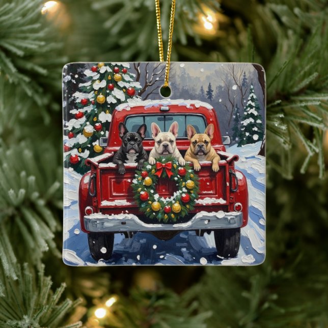 Ornamento De Cerâmica French Bulldog Christmas Red Truck Holiday (Árvore)