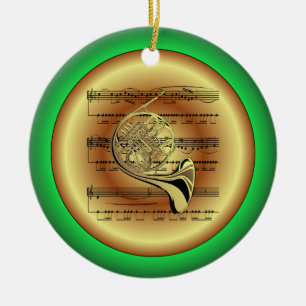 Ornamento De Cerâmica French Horn~Sheet Music~Red/Green/Gold~Christmas~