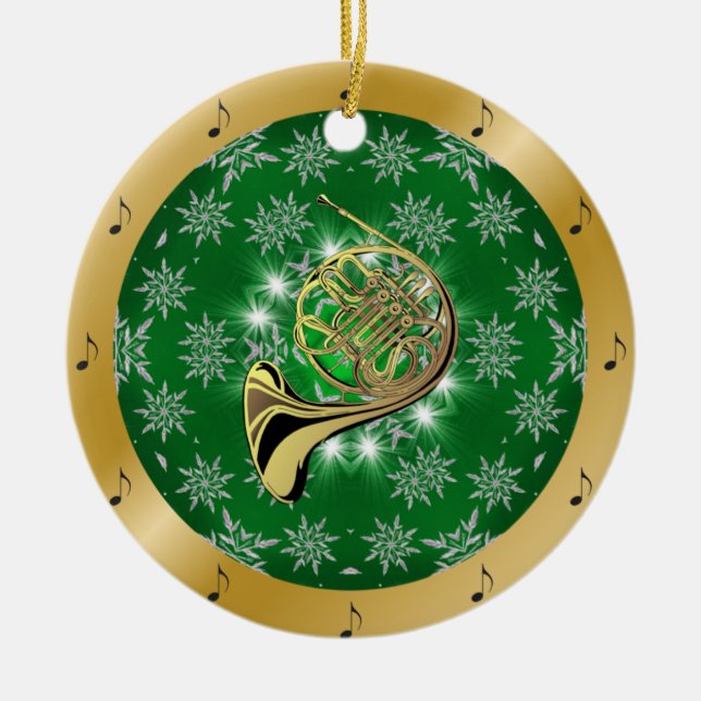 Ornamento De Cerâmica French Horn ~ Silver ~ Green ~ Gold ~ Christmas ~ (Frente)