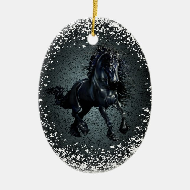 Ornamento De Cerâmica Frísia, garanhão preto 3, neve, granito prateado (Frente)