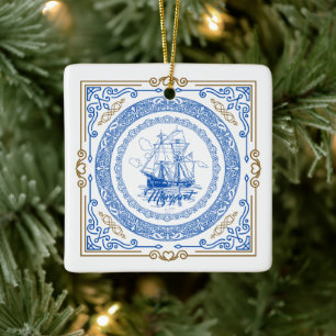 Ornamento De Cerâmica Fronteira decorativa de navio azul real antiga da