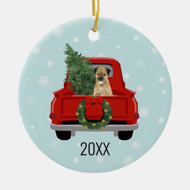 Ornamento De Cerâmica Fronteira Terrier Christmas Red Truck (Frente)
