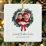 Ornamento De Cerâmica Frota de Natal Personalizada com Foto e Nome<br><div class="desc">Celebrar memórias queridas com este Ornamento Personalizado de Férias de Natal, com sua foto e seu nome cercado por uma coroa festiva de Natal. Perfeito por enfeitar sua árvore de Natal ou por dar aos entes queridos, este ornamento personalizado é uma bela maneira de comemorar momentos especiais. Feito com materiais...</div>