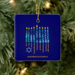 Ornamento De Cerâmica Fruta HANUKKAH do Espírito<br><div class="desc">Na moda HANUKKAH Fruta do Ornamento Cerâmico Espiritual com TEXTO PERSONALIZÁVEL, especialmente desenhado com as velas de Chanucá e a nove vezes fruta do Espírito da fé cristã: amor, alegria, paz, longo sofrimento, bondade, fidelidade, autocontrole. No canto inferior esquerdo está uma estrela simples de David. Personalize seu texto adicionando seu...</div>