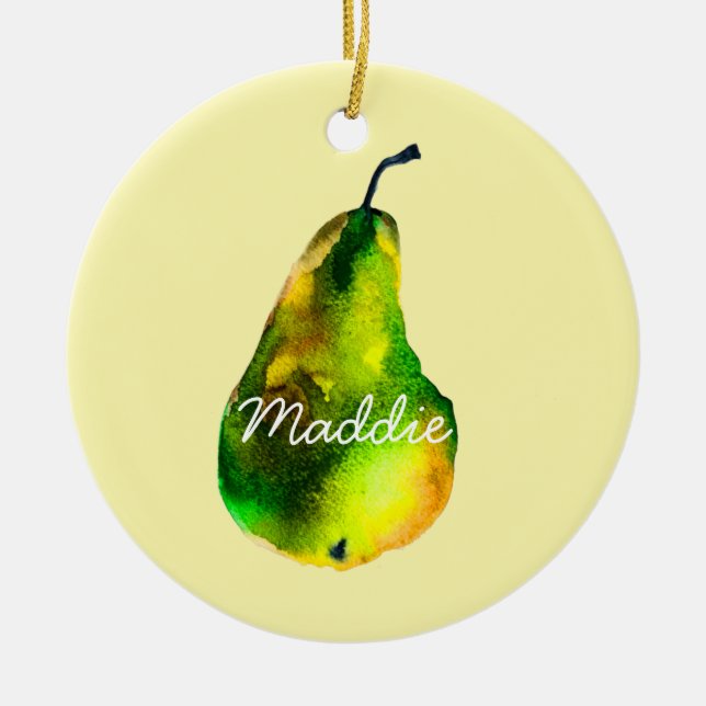 Ornamento De Cerâmica Fruta verde de cor aquosa da pera (Frente)