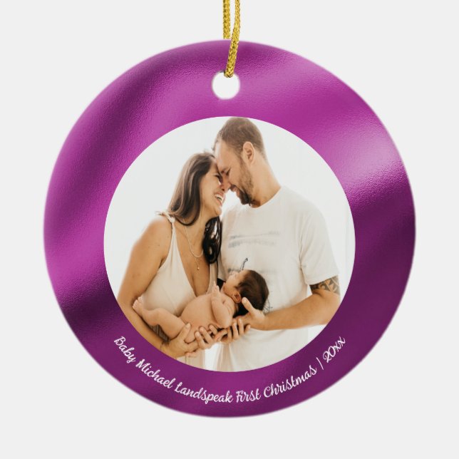 Ornamento De Cerâmica Fuchsia Foil Rosa, Bebê 1rua Natal (Frente)