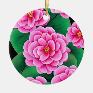 Ornamento De Cerâmica Fuchsia Pink Camellias e Jade Green Folhas