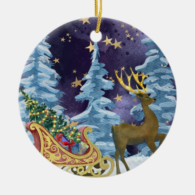 Ornamento De Cerâmica Full Moon Over Reindeer With Sleigh (Frente)
