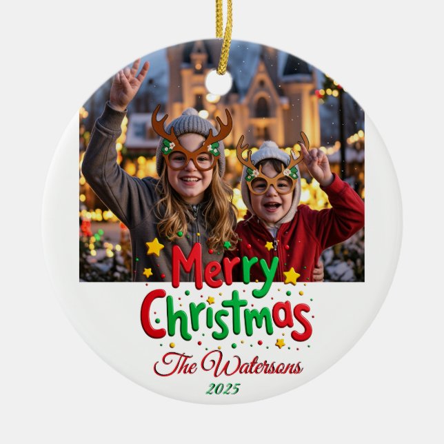 Ornamento De Cerâmica Fun Retro Script Merry Christmas Letterpress Photo (Frente)