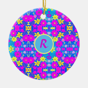 Ornamento De Cerâmica Fundo com padrão de flores rosa azul amarelo adici