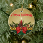 Ornamento De Cerâmica Fundo Dourado com Árvore do Pino e Santo e Gordura<br><div class="desc">Fundo Dourado com árvore e Santo de pinos e fita gorda e faixa verde</div>