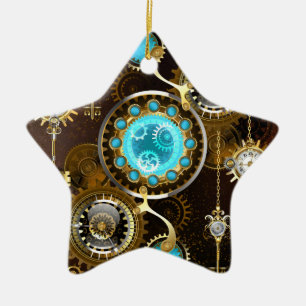 Ornamento De Cerâmica Fundo Enferrujado Steampunk com Lentes Turquesa