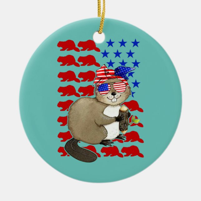 Ornamento De Cerâmica Funny Beaver American Flag Beaver Por 4° De (Frente)