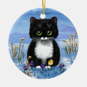 Ornamento De Cerâmica Funny Black Tuxedo Cat Winter Snow Creationarts
