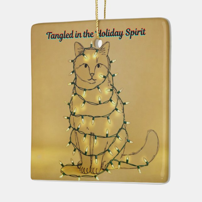 Ornamento De Cerâmica Funny Cat Christmas Tangled in Lights (Esquerda)