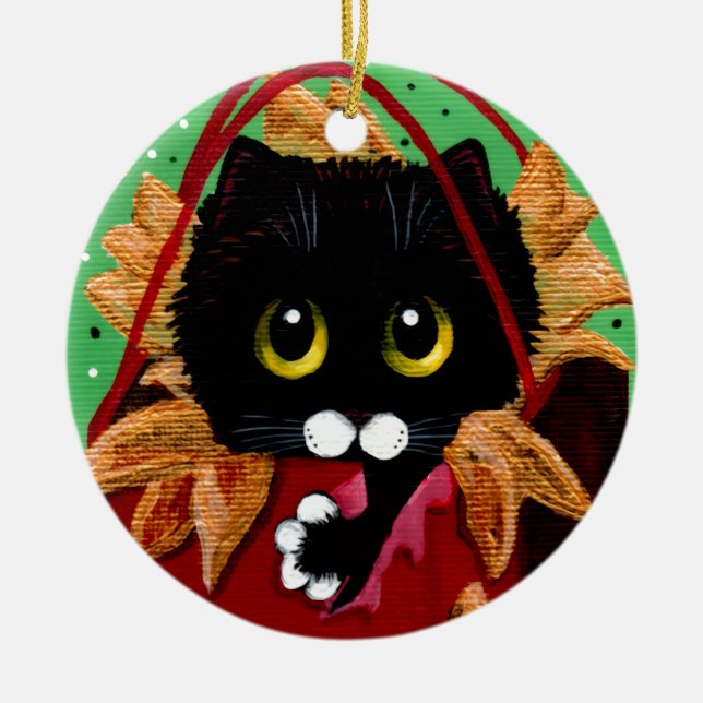 Ornamento De Cerâmica Funny Christmas Black Cat Art Creationarts (Frente)