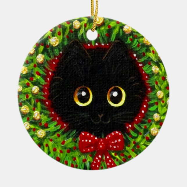 Ornamento De Cerâmica Funny Christmas Black Cat Art Creationarts (Frente)