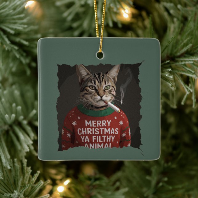 Ornamento De Cerâmica Funny Christmas Smoking Cat Sarcastic Holiday Meme (Árvore)